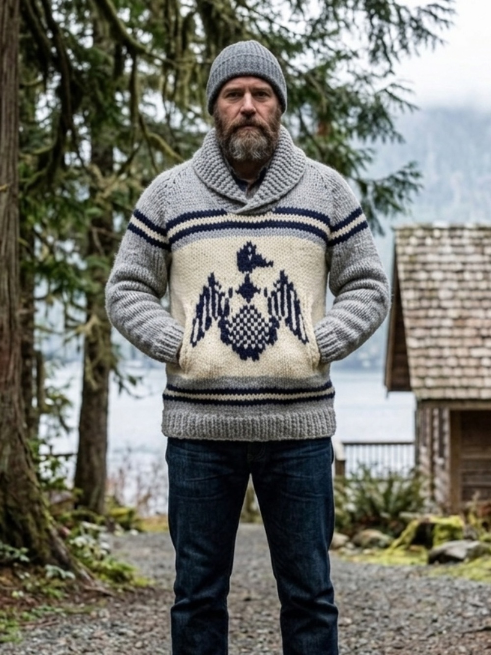 Handmade Unisex 100% Wool Duck Cowichan Pullover Sweater Size L
